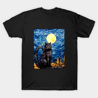 Stained Glass Black Cat Van Gogh Style T-Shirt